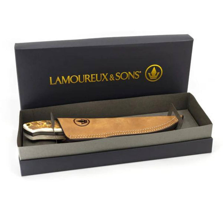 Couteau de chasse Radisson avec manche en bois de cerf par Lamoureux and sons dans sa boîte