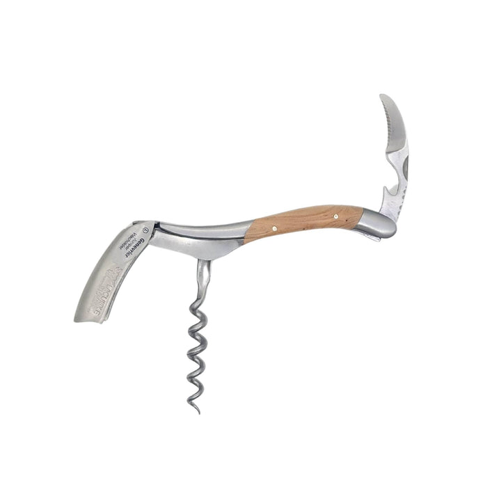 Sommelier Laguiole en Aubrac ouvert avec manche en bois de genévrier vu de devant