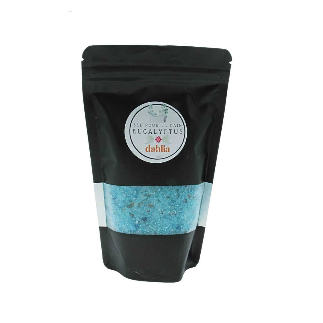Sachet de sel de bain bleu à l'eucalyptus par Dahlia vu de devant