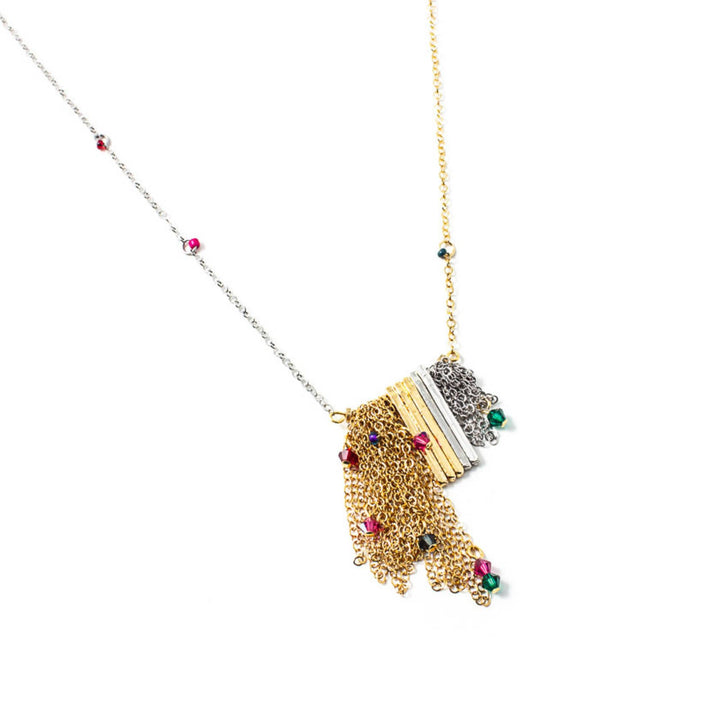 Collier Gania par Anne-Marie Chagnon doré et argenté avec barres comme pendentif, chaînes et billes colorées