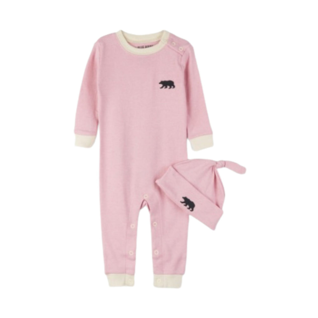 Barboteuse pour bébé Little Bear Bum rose avec bonnet par La petite maison Bleue