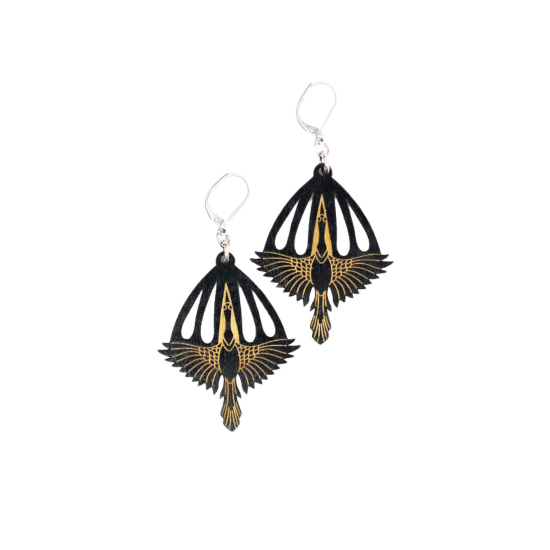 Boucles d'oreilles en bois noires et dorées Envol par Rebelles des bois