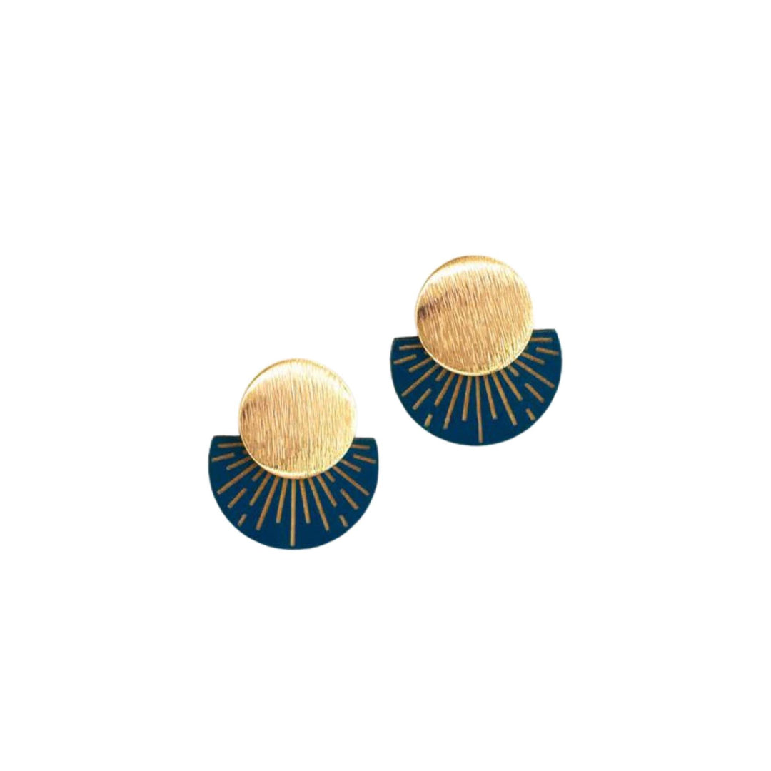 Boucles d'oreilles Vénus avec rond doré et demi lune bleue nuit par Rebelles des bois