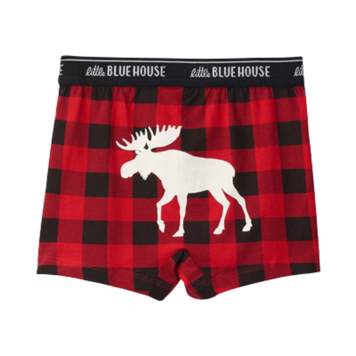 Boxer pour enfant à carreaux rouge et noir avec un orignal sur le derrière par Hatley