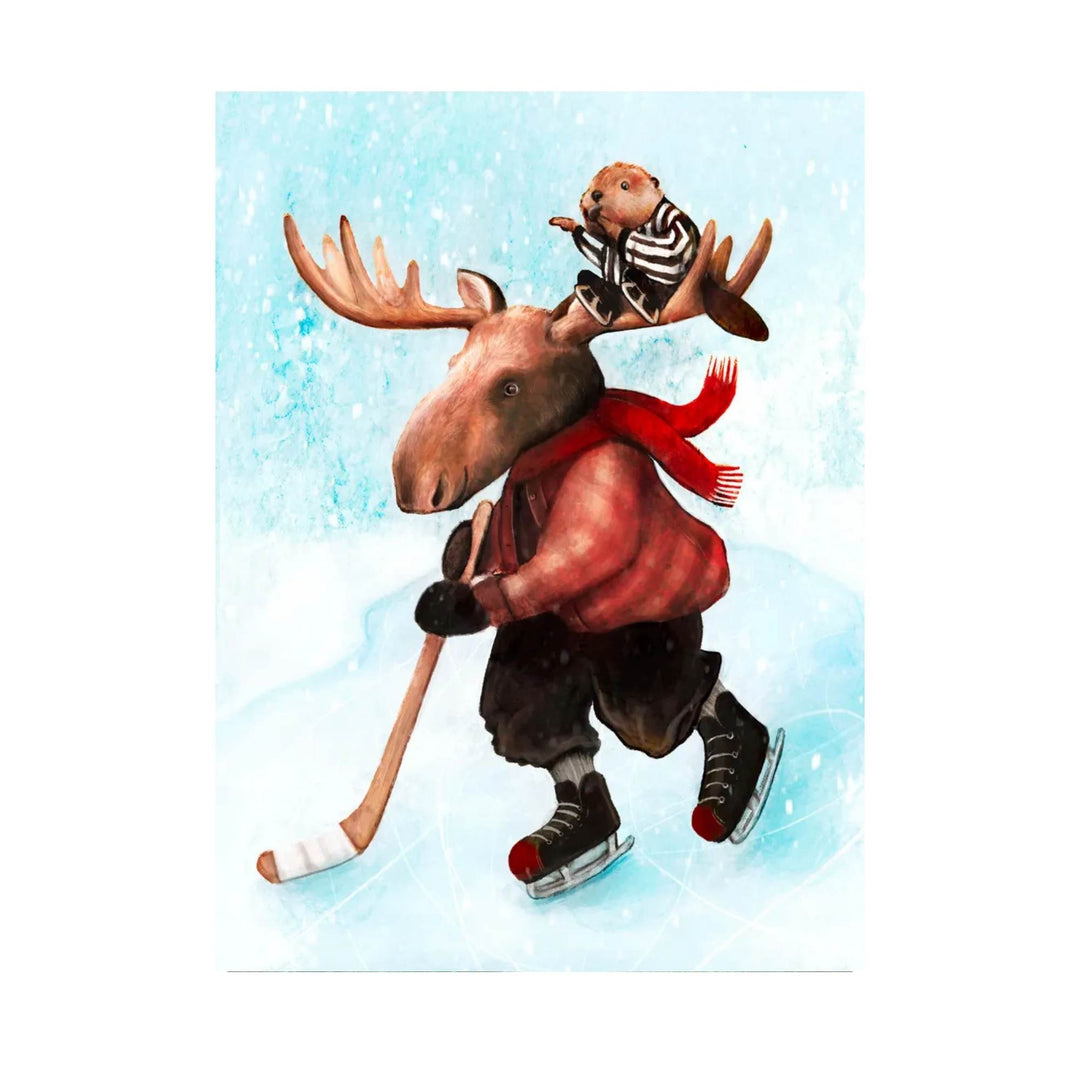 Carte de souhait avec un orignal et un castor qui jouent au hockey par Geneviève Andersen