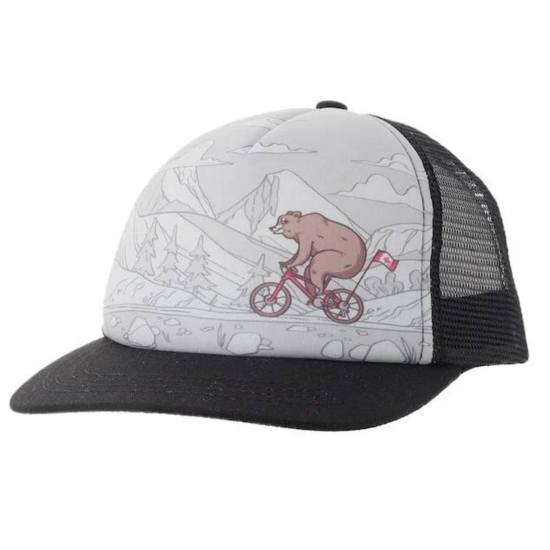 Casquette noire avec devant gris pâle avec un motif d'ours à vélo