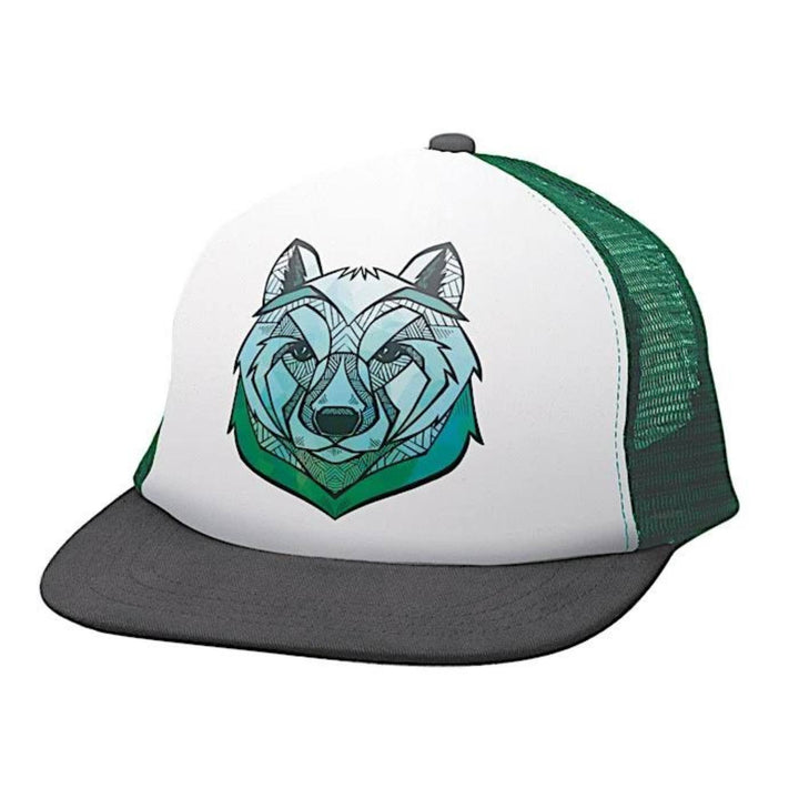 Casquette blanche, verte et noire avec un motif d'ours sur le devant