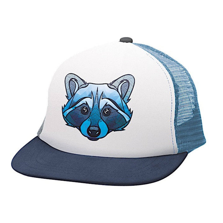 Casquette blanche, bleue et noire avec un motif de raton laveur sur le devant