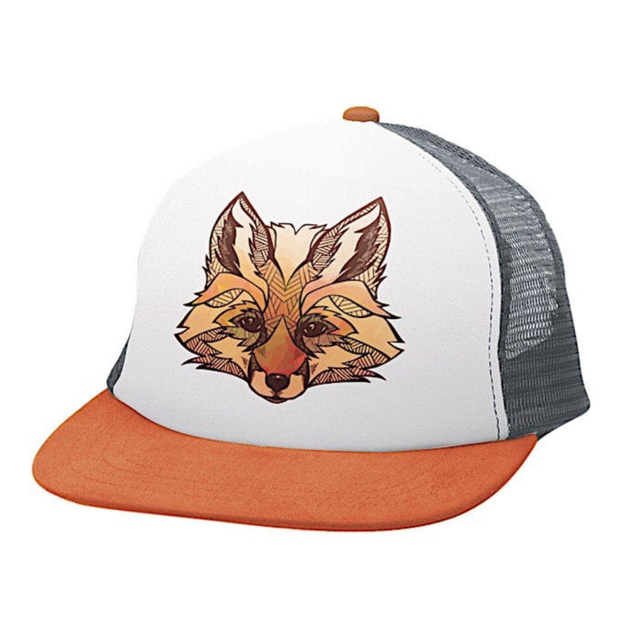 Casquette blanche, orange et noire avec un motif de renard sur le devant