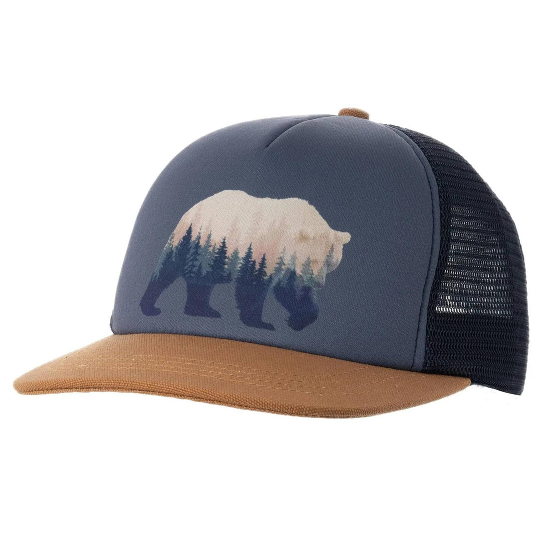 Casquette noire et marron avec devant gris et un motif d'ours et forêt