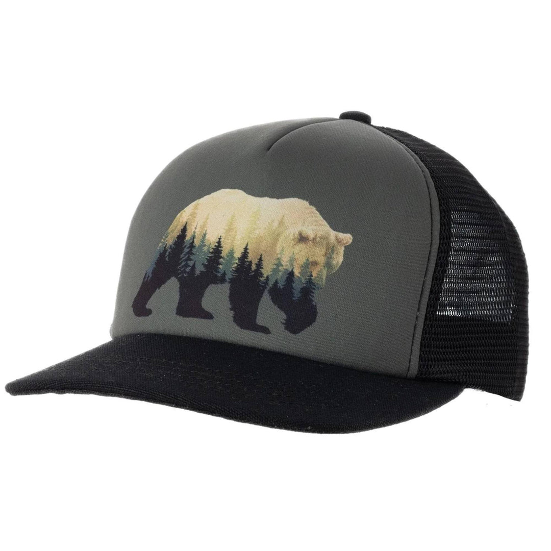 Casquette noire avec devant gris et un motif d'ours et forêt