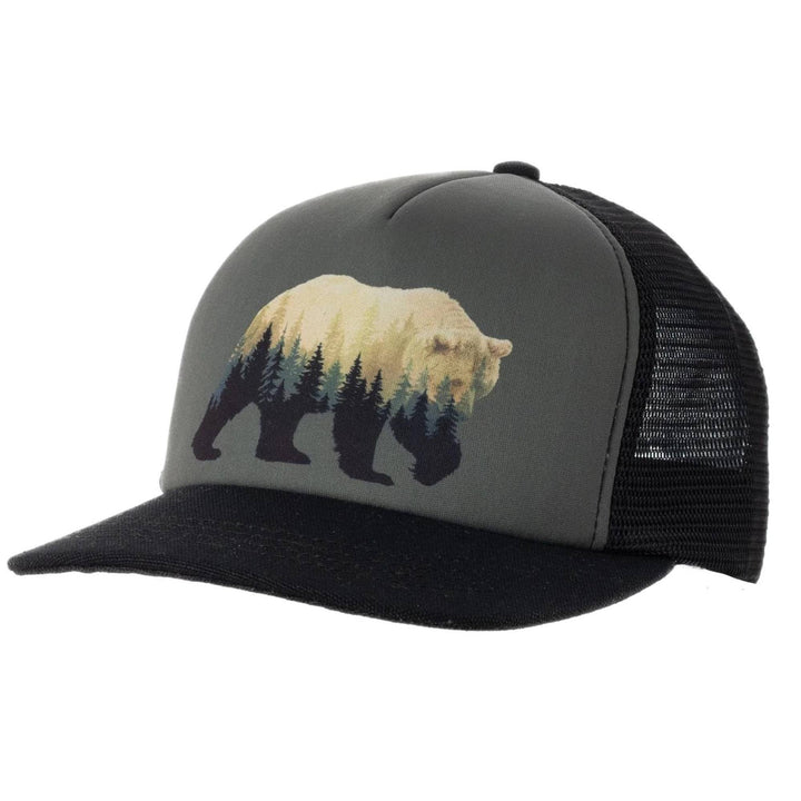 Casquette noire avec devant gris et un motif d'ours et forêt