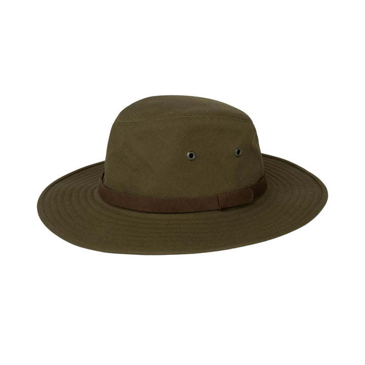 Chapeau Tilley fedora vert ciré avec bande en cuir vu de 3/4