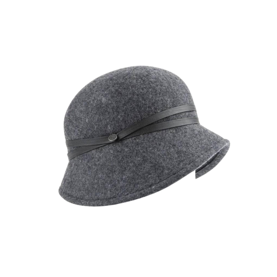 Chapeau cloche gris foncé en feutre avec deux bandes de cuir autour par Canadian hat vu de 3/4