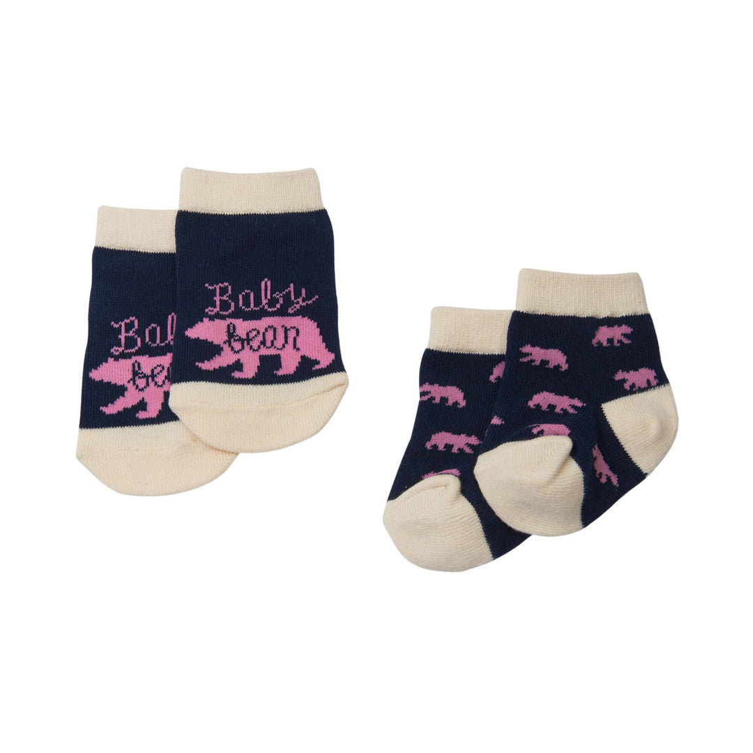 Paires de chaussettes pour bébé bleues marines avec un ours rose par La petite maison bleue