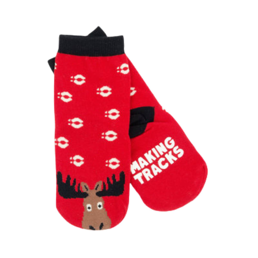 Chaussettes pour enfant rouges et noires avec motifs d'orignal et traces d'orignal