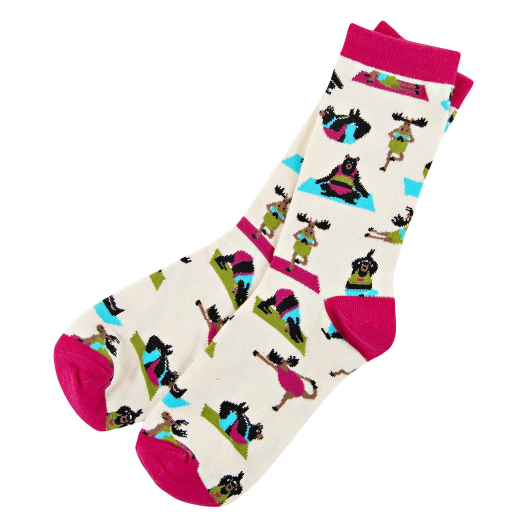 Chaussettes pour femme blanches et roses avec motifs d'animaux yogis par La petite maison bleue