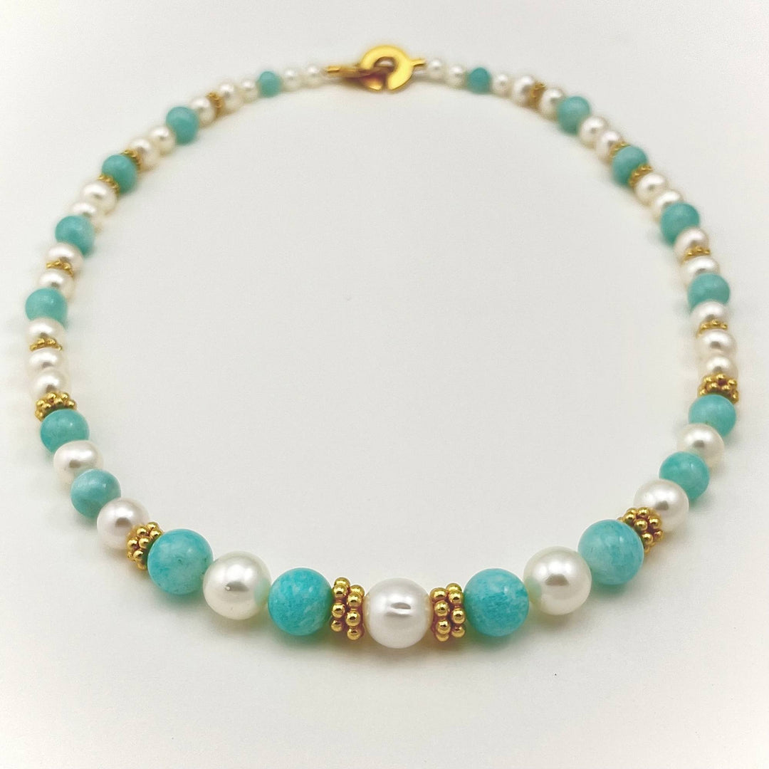 Collier avec pierres d'Amazonite turquoise, perles et billes vermeilles par Gemmes Québec
