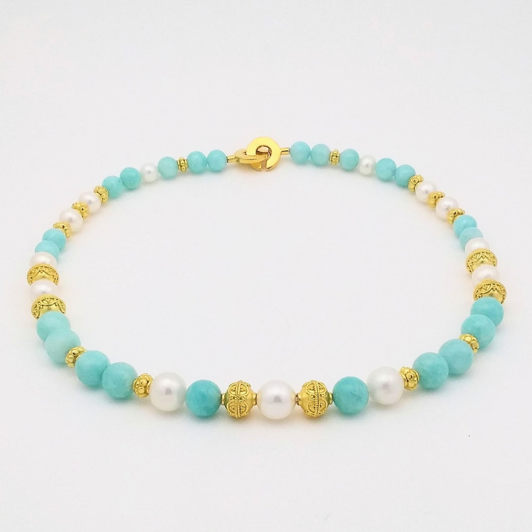Collier Gemmes québec avec pierres d'amazonite du lac-saint-jean, perles et or
