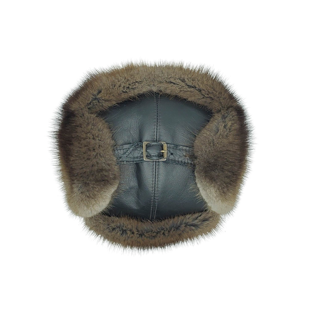 Chapeau en fourrure de rat musqué et cuir avec oreilles par Fourrures audet vu de dessus