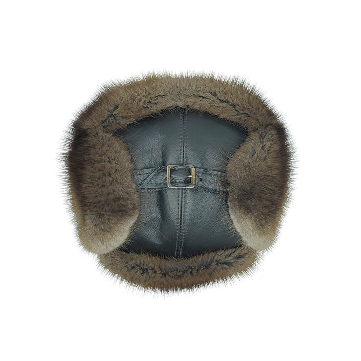 Chapeau en fourrure de rat musqué et cuir avec oreilles par Fourrures audet vu de dessus