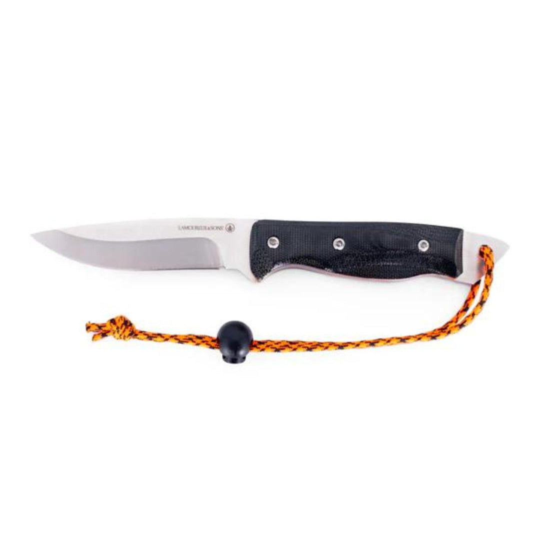 Couteau Lamoureux and sons Anticosti pro guide noir et orange vu de dessus