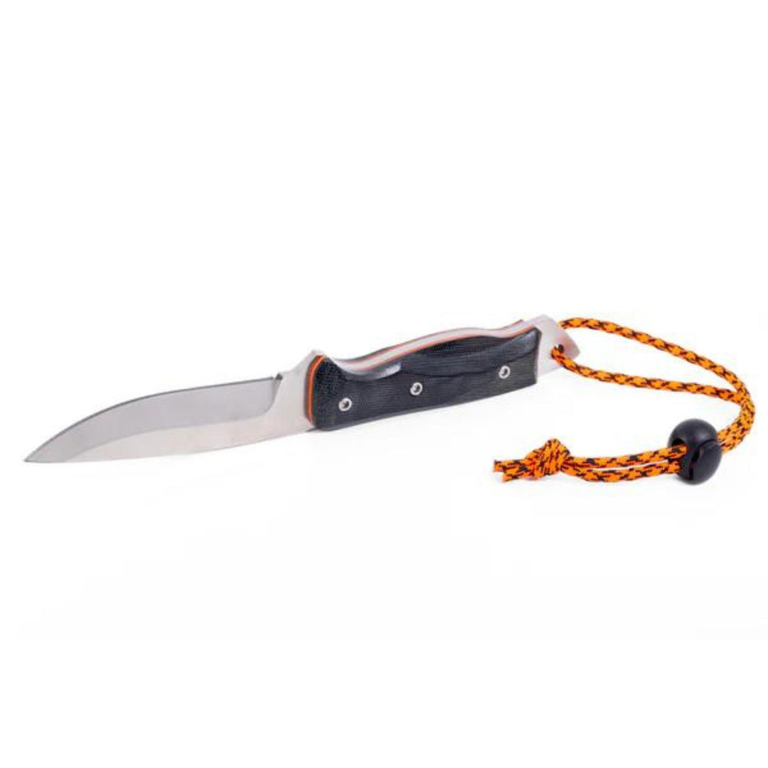 Couteau Lamoureux and sons Anticosti pro guide noir et orange sur le dos