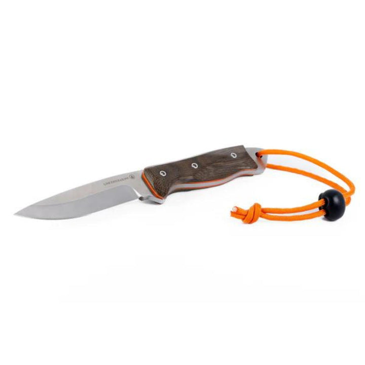 Couteau Lamoureux and sons Anticosti pro guide olive et orange couché sur le côté