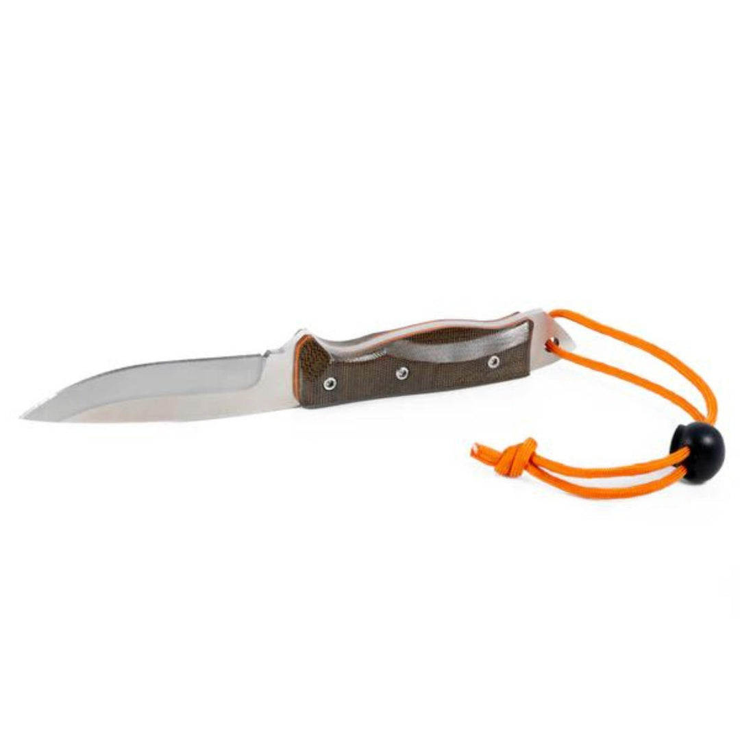 Couteau Lamoureux and sons Anticosti pro guide olive et orange sur le dos