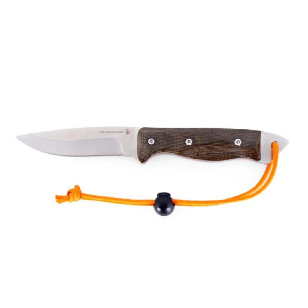 Couteau Lamoureux and sons Anticosti pro guide olive et orange vu de dessus