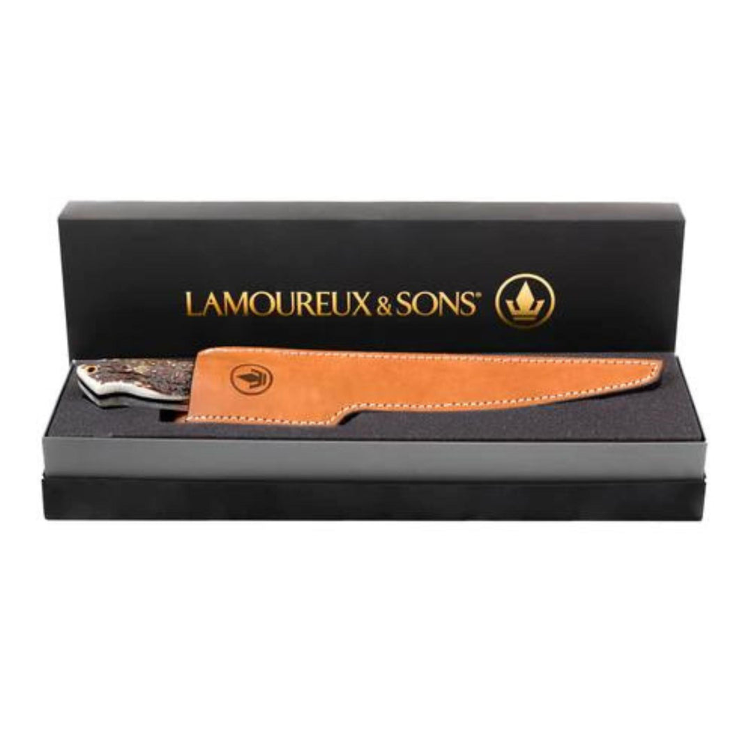 Couteau de pêche Lamoureux and sons bonaventure en bois de cerf dans sa boîte