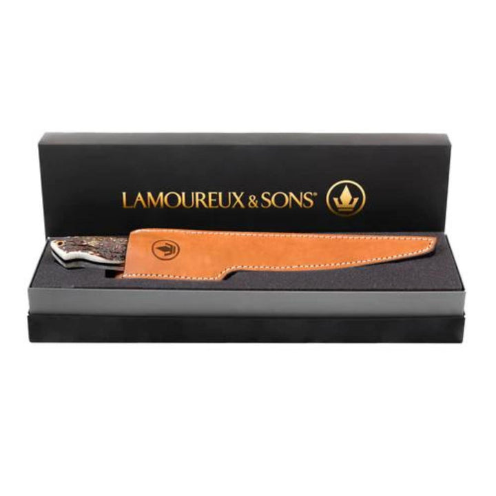 Couteau de pêche Lamoureux and sons bonaventure en bois de cerf dans sa boîte
