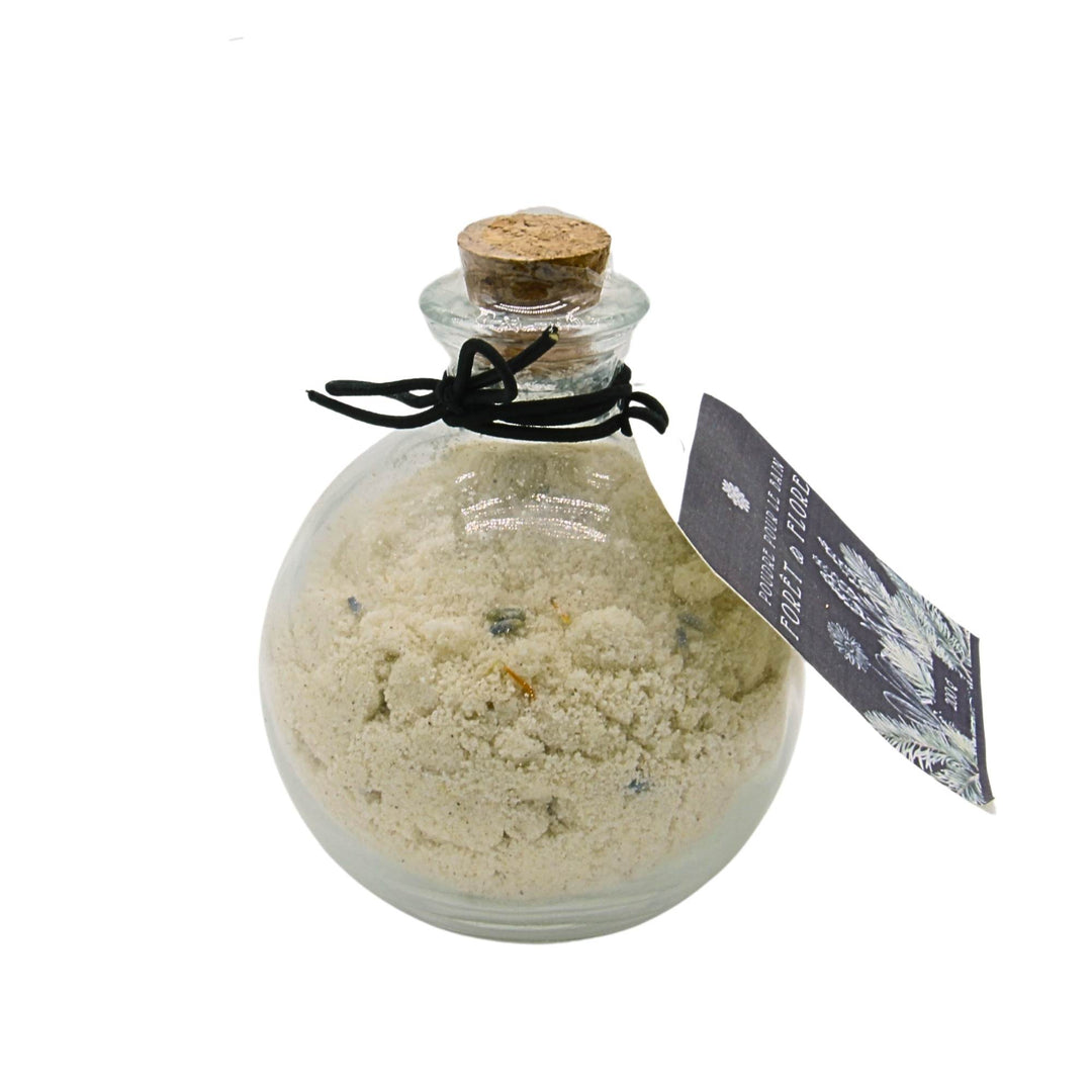 Flacon en verre de poudre de bain Forêt et flore par Dahlia vu de côté