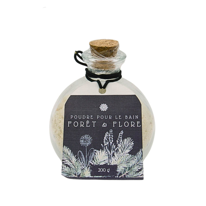 Flacon en verre de poudre de bain Forêt et flore par Dahlia vu de devant