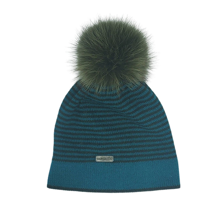 Tuque à rayures turquoises et vertes avec pompom beige par La fibre et moi