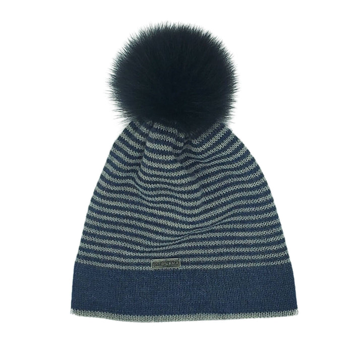 Tuque en laine de bébé alpaga à rayures marine et perle avec pompom marine par La fibre et moi