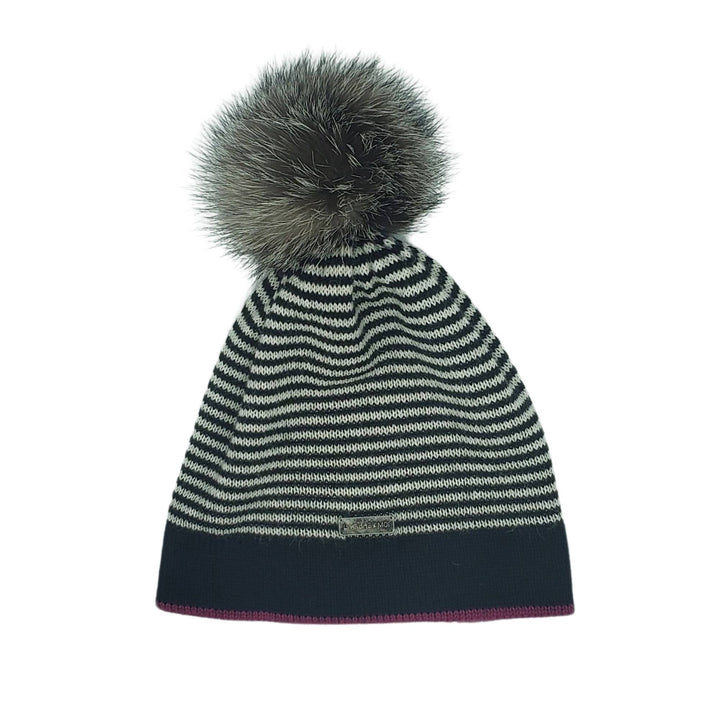 Tuque à rayures noire, fuschia et blanches avec pompom gris par La fibre et moi