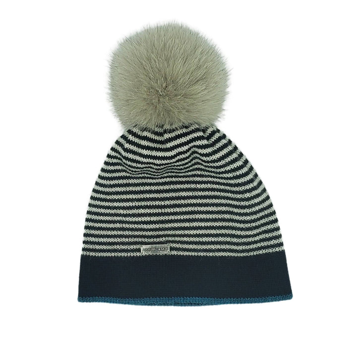 Tuque à rayures noire, turquoises et blanches avec pompom blanc par La fibre et moi
