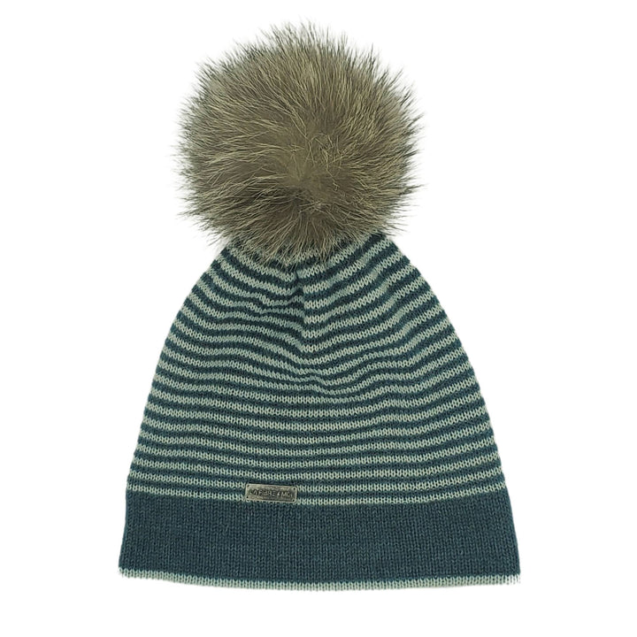 Tuque en laine de bébé alpaga à rayures turquoises et aqua avec pompom beige par La fibre et moi