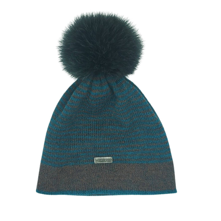 Tuque en laine de bébé alpaga à rayures turquoises et grises avec pompom bleu par La fibre et moi