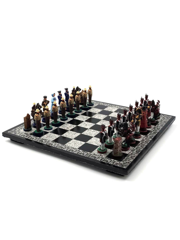 Jeu échecs Alamo en couleur sur planche de granite vue de 3/4