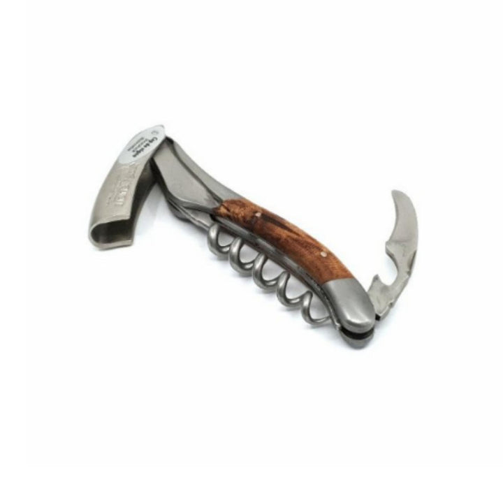 Couteau sommelier en cep de vigne avec inox déplié en vue diagonale