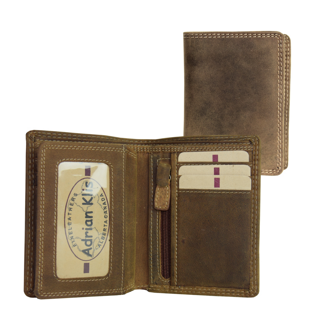 Portefeuille en cuir de bison ouvert et fermé avec pochette transparente et fermeture clair vu de devant