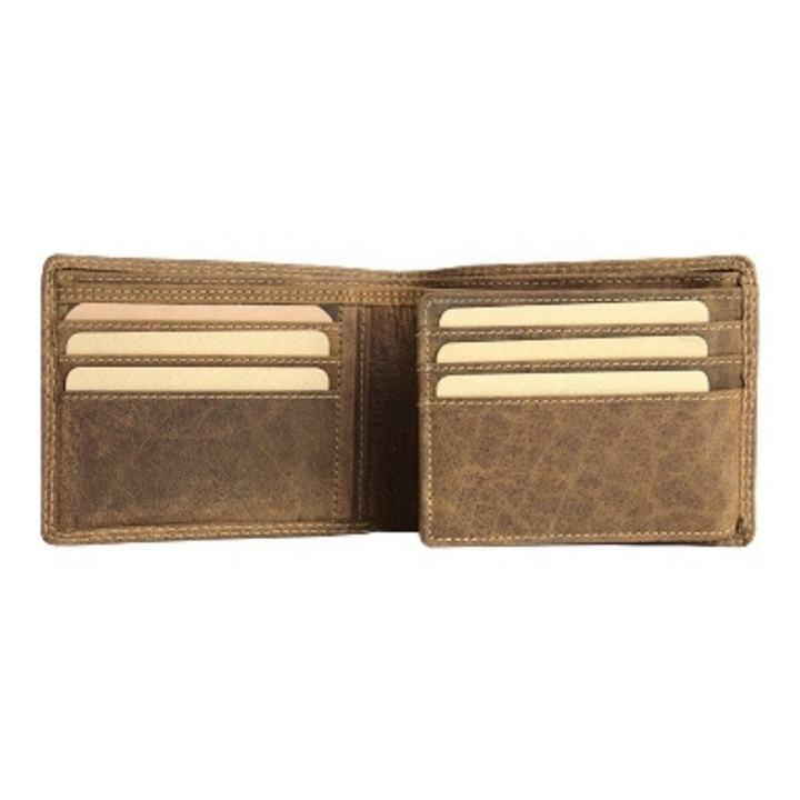 Portefeuille à rabat lateral en cuir de bison ouvert sur ses 6 cartes d'identification