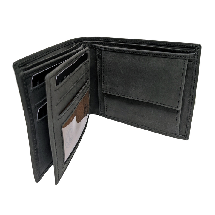 Portefeuille à rabat horizontal avec porte-cartes, pochettes à billets et pochette à monnaie en cuir de buffle - noir