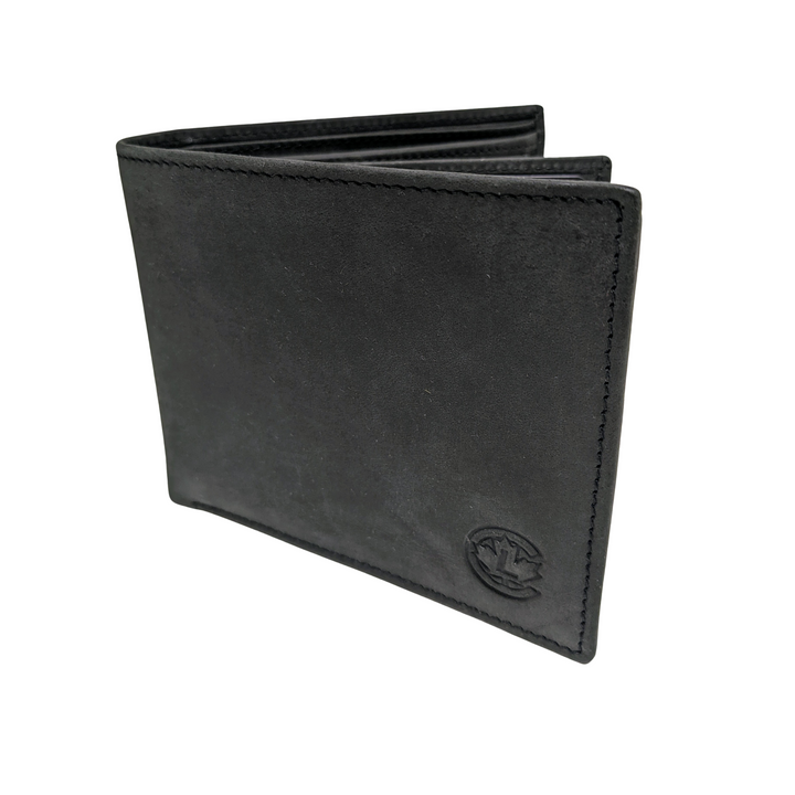 Portefeuille à rabat horizontal avec porte-cartes, pochettes à billets et pochette à monnaie en cuir de buffle - noir
