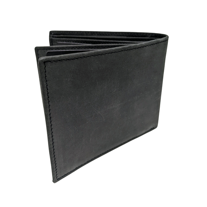 Portefeuille à rabat horizontal avec porte-cartes, pochettes à billets et pochette à monnaie en cuir de buffle - noir