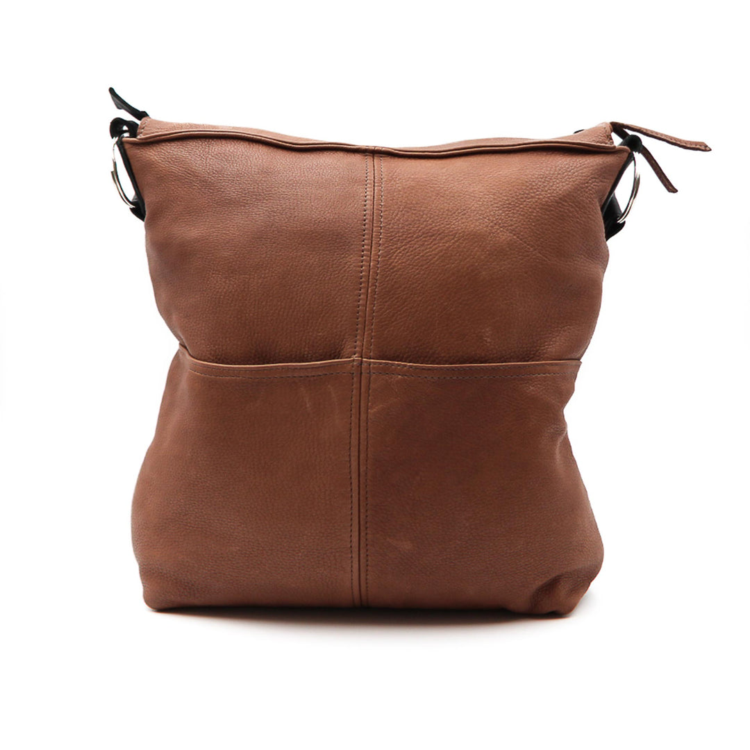 Sac à main fourre-tout brun deux pochettes vu de derriere