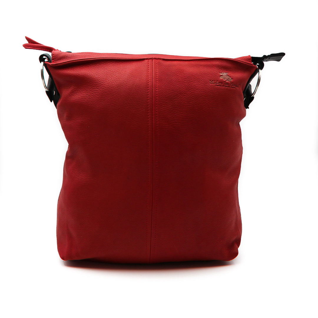 Sac à main fourre-tout rouge avec le logo de la compagnie en haut à droite vu de devant