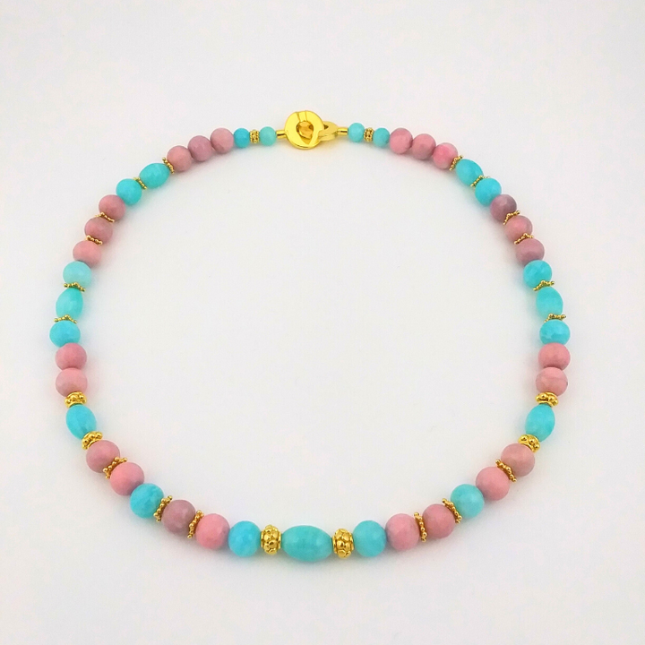 Collier de pierres québécoises roses et turquoises